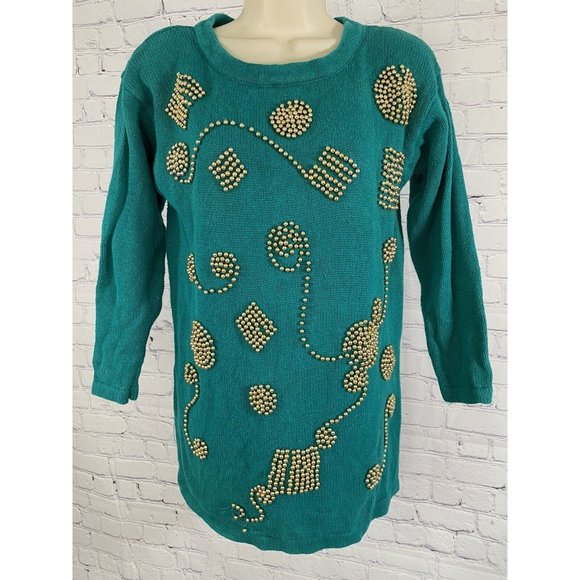 Colleen’s Collectables Teal Knot Sweater Gold Beads 3/4 Sleeve Size S Small - Picture 1 of 6
